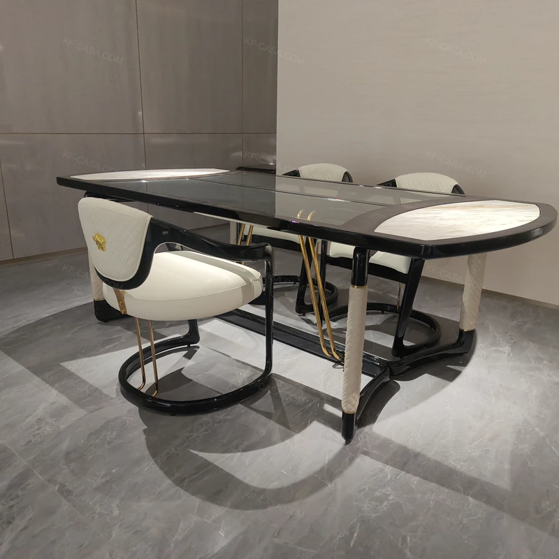 Glass & Marble Top Dining Table with Black Frame & Gold Stainless Steel Accents